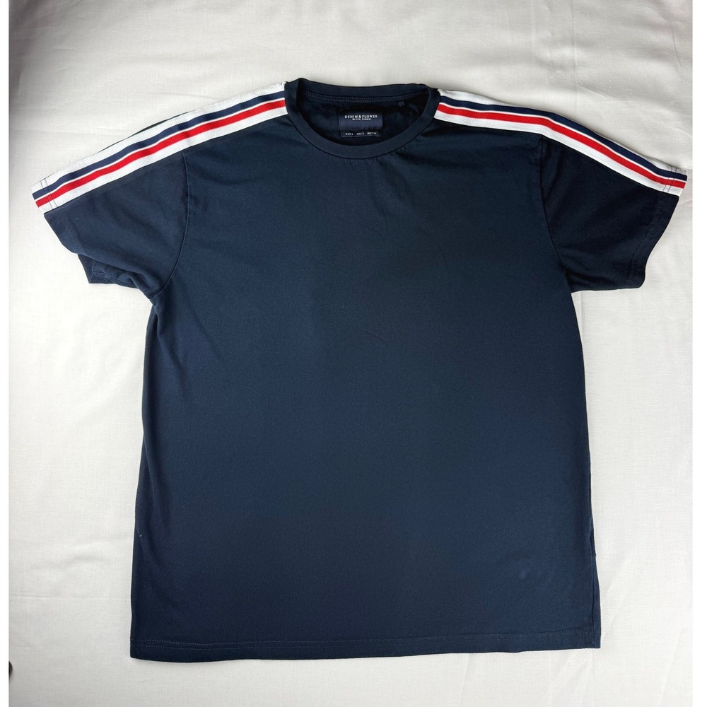 Denim & Flower Mens Navy Blue Stripe Shoulder T-Shirt Cotton Size S